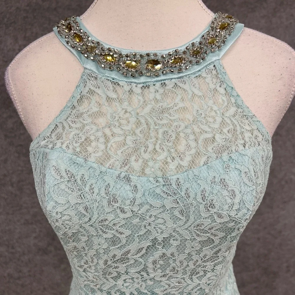 Sequin Hearts Light Blue Lace Beaded Halter Mermaid Formal Prom‎ Dress Size 7